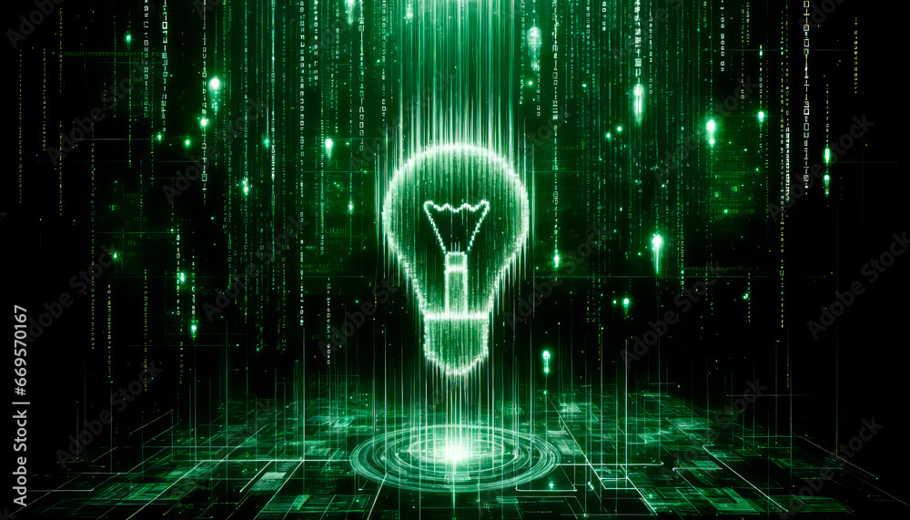 Poster illustration of a glowing lightbulb on a futuristic technology background. generative ai