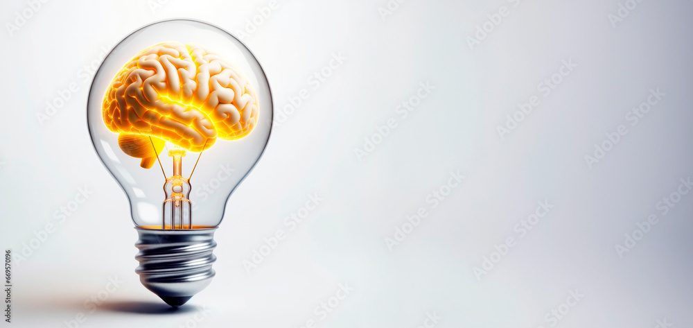 Aufkleber human brain inside a light bulb on white backgroundwith empty space. generative ai