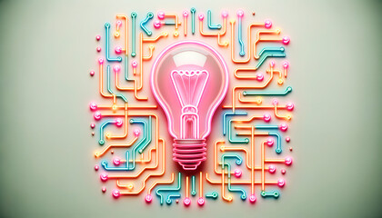 Illustration of glowing light bulb on circuit board background. Idea concept. Generative AI