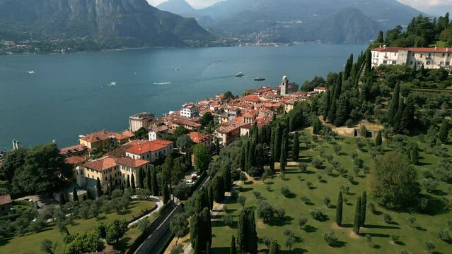 Aerial view of Nesso, a picturesque and colourful village sitting on the banks of Lake Como, Italy