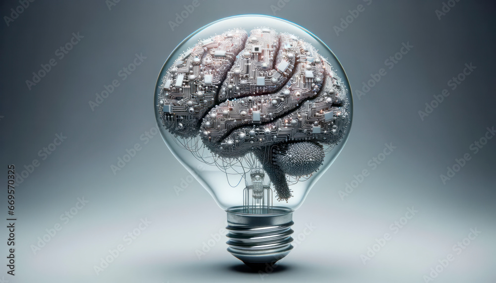 Poster human brain inside a lightbulb on grey background. generative ai