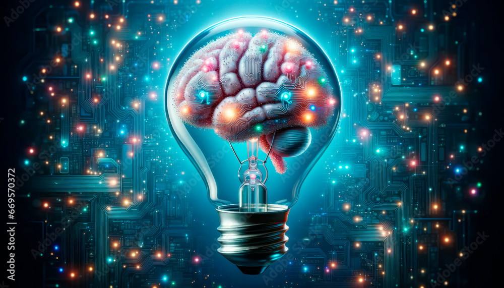 Poster Human brain inside lightbulb on abstract background. Generative AI