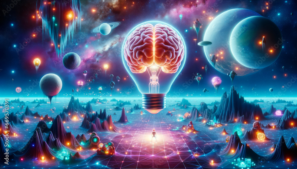 Poster Brain and lightbulb in abstract virtual space background. Generative AI