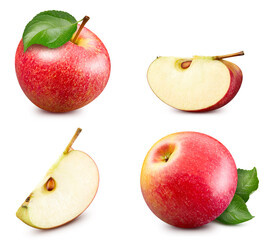 Red apple isolated. Whole apple, half and a slice on white background. Apple collection with...