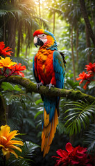macaw with dazzling plumage with tropical rainforest sunlight