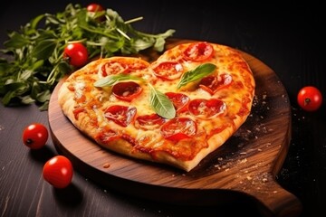 Heart shaped pizza on wooden background. AI Generated