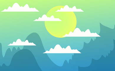 Fototapeta na wymiar illustration sun sky with clouds and mountains