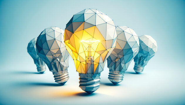 Conceptual image with low poly light bulb on blue background. Generative AI