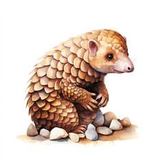 Obraz premium Cute pangolin isolated on white background. Digital watercolour painting.