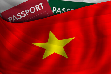 Vietnamese flag background and passport of Vietnam. Citizenship, official legal immigration, visa, business and travel concept.