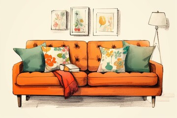 Sofa with cushions, depicted in interior design illustration using tools. Generative AI