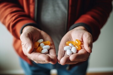 child hand hold many drugs