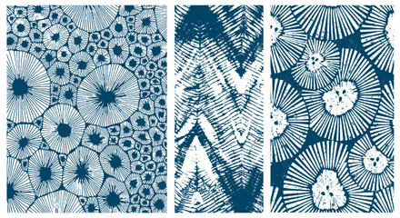 Indigo Tie Dye Shibori. Abstract Organic Pattern. Leaves, Flowers Brush Strokes. Modern Batic Background Ornament. Abstract Organic Shape. Grounge Texture Walpaper. Leaf, Flowers Textile Background. 