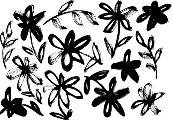 Grunge Dry Brush Vector Flowers Set.