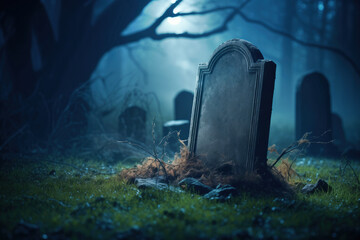 Unmarked tombstone in moonlit forgotten graveyard surrounded by dark trees at night