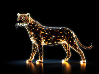 A Geometric Cheetah Made of Glowing Lines of Light on a Solid Black Background