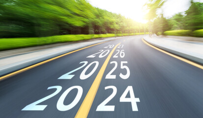 Blurred road with new year number 2024 change 2025 2026 and 2027 - obrazy, fototapety, plakaty