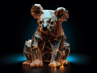 Fototapeta na wymiar A Geometric Koala Made of Glowing Lines of Light on a Solid Black Background