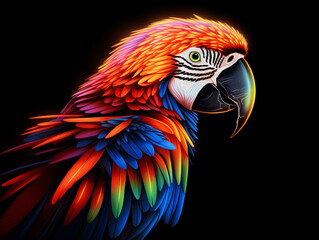 A Geometric Macaw Made of Glowing Lines of Light on a Solid Black Background