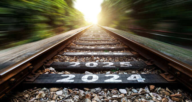 Empty railroad with new year number 2024, 2025 to 2027