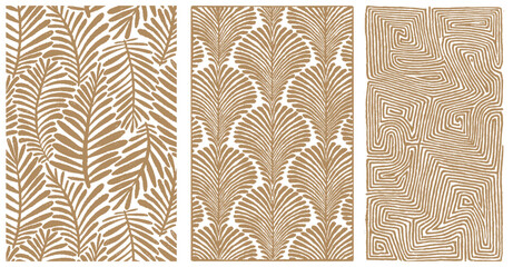 Gold Abstract Organic Pattern. Leaves Lines with Brush Strokes. Modern Printable Background Ornament. Abstract Natural Shape. Grounge Texture Walpaper. Leaf Fabric Textile Background. - obrazy, fototapety, plakaty