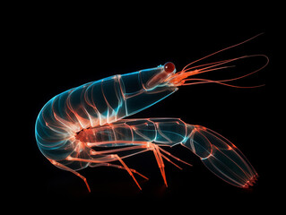 A Geometric Shrimp Made of Glowing Lines of Light on a Solid Black Background