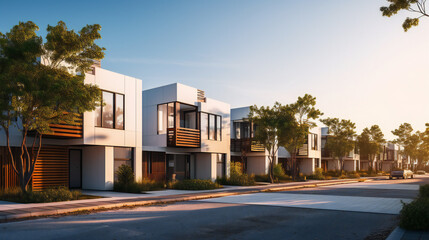 Naklejka premium Modern modular private townhouses. Residential minimalist architecture exterior. A very modern neighborhood, late afternoon or morning shot. Generation AI