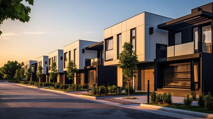Obraz premium Modern modular private townhouses. Residential minimalist architecture exterior. A very modern neighborhood, late afternoon or morning shot. Generation AI