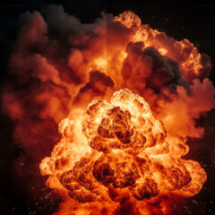 Massive explosion with intense flames and smoke against dark sky.