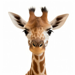 Frontal portrait of a giraffe with attentive expression, displaying its distinct spots and long neck, isolated on a white background