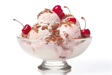 Cherry ice cream sundae with fresh cherries on top and chocolate sprinkles, in a glass bowl isolated on white background