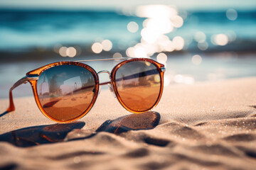 Fototapeta na wymiar Sunglasses and Serene Waves a Beach with Ocean View
