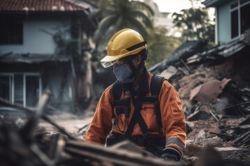 Rescue man in helmet helping on ruined house after disaster in war zone. AI Generative