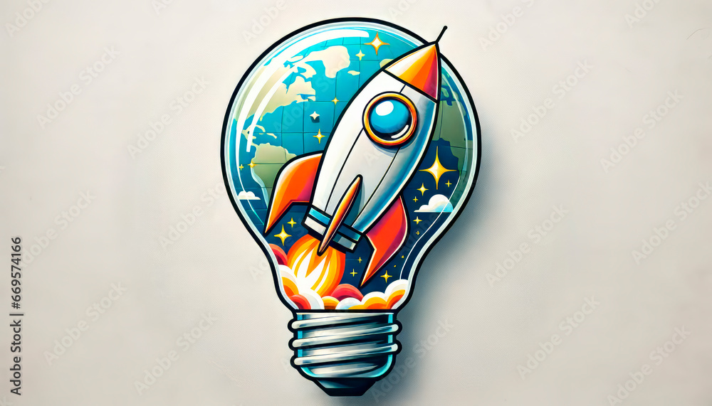 Poster Illustration of a lightbulb with rocket coming out of it. Generative AI