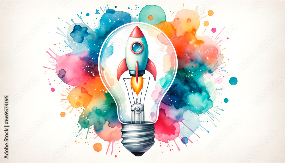 Poster colorful lightbulb with rocket and colorful watercolor splashes. generative ai