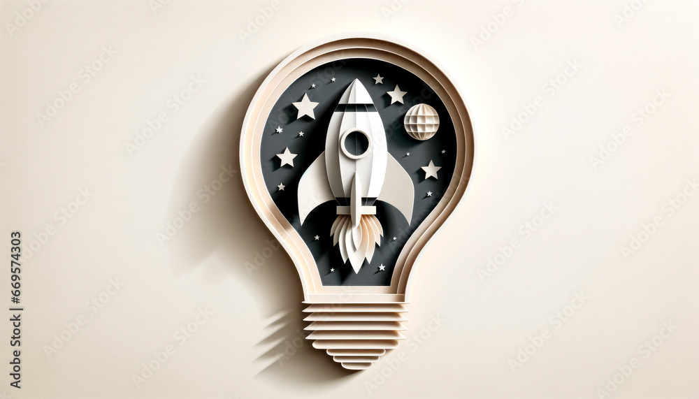 Poster idea concept with light bulb and rocket in paper cut style. generative ai