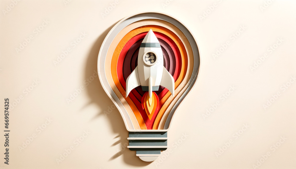 Poster Retro lightbulb with rocket inside. Generative AI