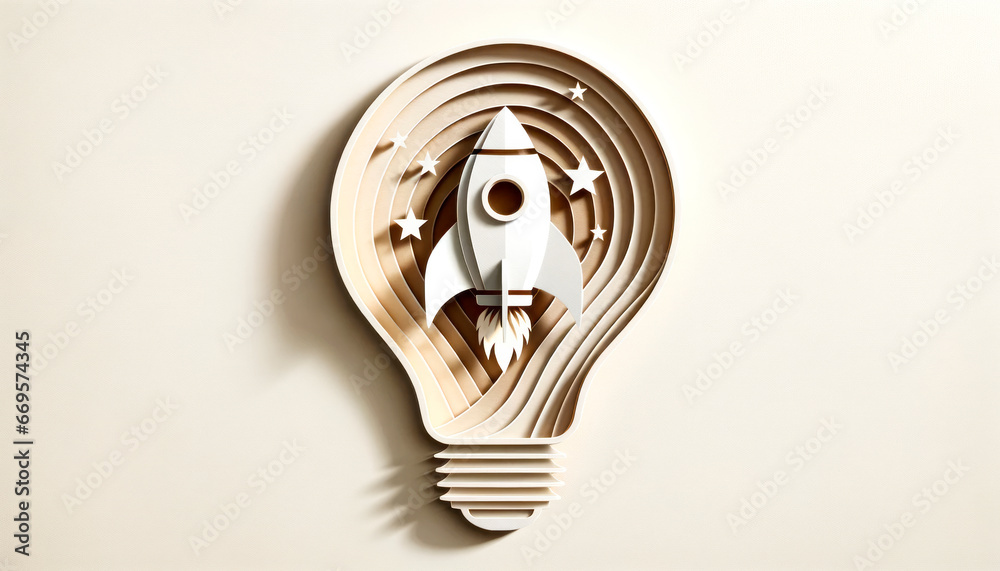Poster Idea concept with lightbulb and rocket in paper cut style. Generative AI