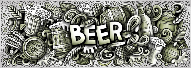 Beer doodle cartoon funny banner - obrazy, fototapety, plakaty