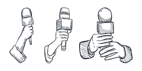 Journalist hand holding microphone line sketch. Pencil rustic grunge drawing style. Vector vintage illustration