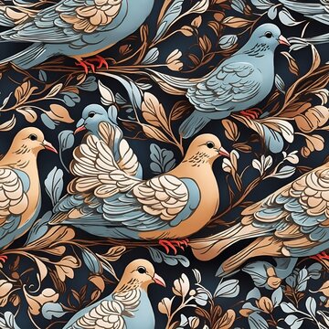 Seamless pattern of a group of doves as a symbol of peace and love. Cartoon style. Repeatable image background. Generative AI.