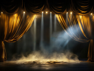 Stage theater curtain with spotlights and smoke. Generative AI