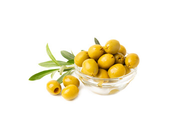 Delicious green olives isolated on white background. Olive and olive tree branches on a white...