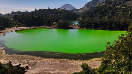 Green water lake surrounded by dense trees of forest and mountain on the background. Telaga Warna, Dieng Plateau. Indonesia