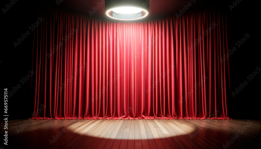 Poster red stage curtain with spotlight and wooden floor. mock up. generative ai