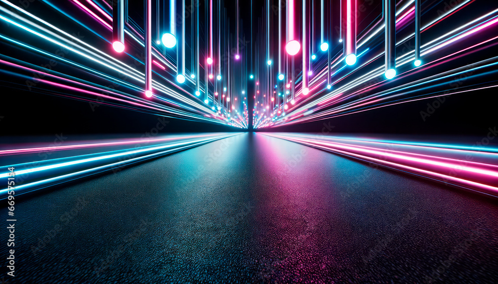 Poster futuristic background with neon lights and road. generative ai