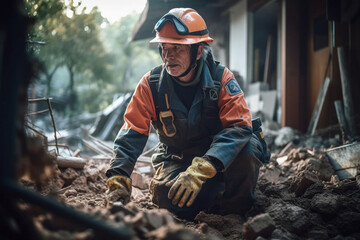 Rescue service man in protective helmet clears rubble of house after natural disaster. AI Generative