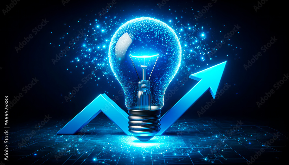 Poster Light bulb and arrow in blue background.Idea and startup concept. Generative AI