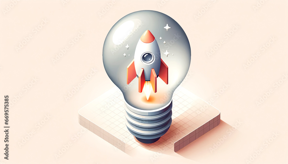 Poster illustration of a rocket flying through a lightbulb. generative ai