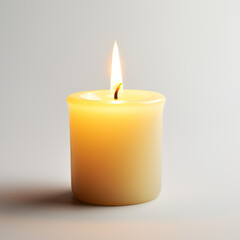 Fototapeta na wymiar Simple lit candle, plain wax, burning wick, soft light background.